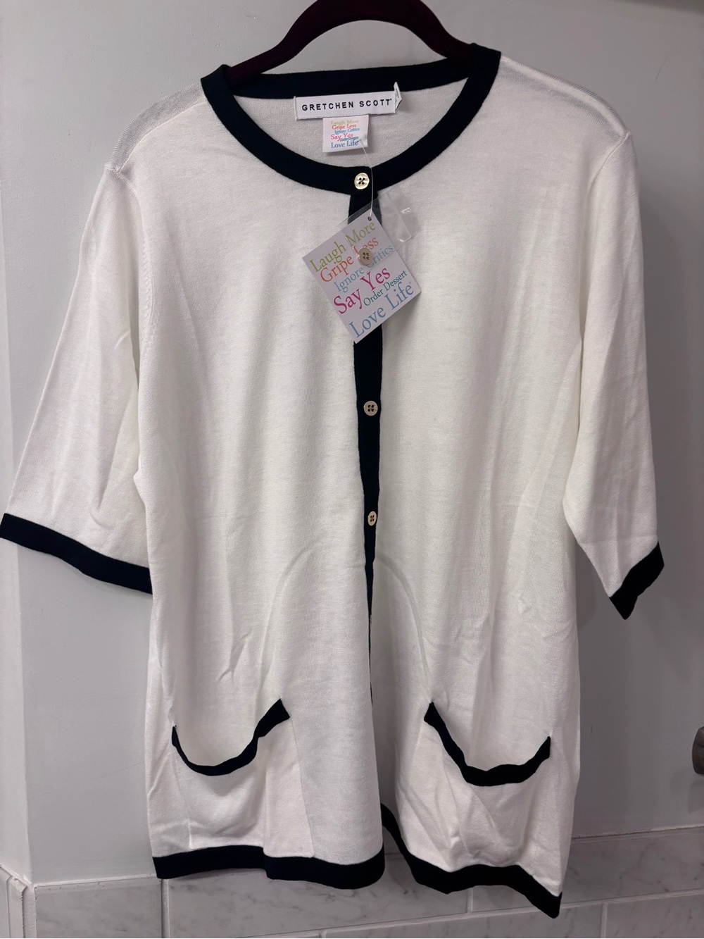 Gretchen Scott Designs Green and Pink Scoop Neck Cardigan